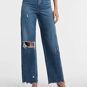 Express Super High Waisted Ripped Raw Hem 90s Wide Leg Jeans Size 12 Long